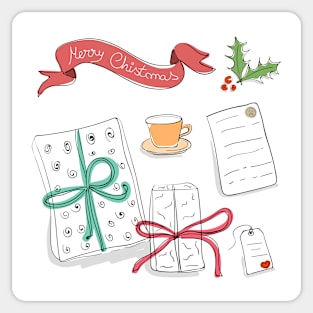 Set of vector sketch gifts. Hand drawn elements for your festive design. Christmas gifts. Sticker